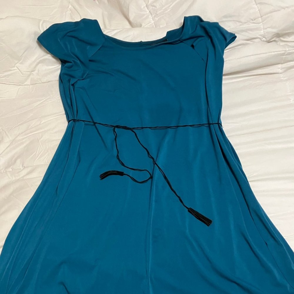 Lane Bryant Teal Dress with Black Leather Tassle Belt